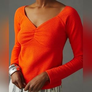 Anthropologie textured v neck long sleeves sweetheart top, medium, orange